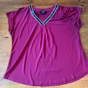 Flower & Feather Dark Red V-Neck Top with Embellished Trim - Size  Large